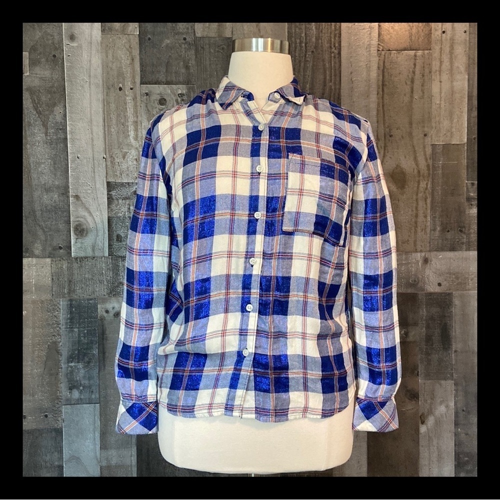 Style & Co red white and blue plaid button up shirt medium patriotic 4th of July